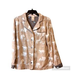 Munki Munki Tan Beige/Cream flannel Long Sleeve Pajama Top Polar Bear Print Sz S
